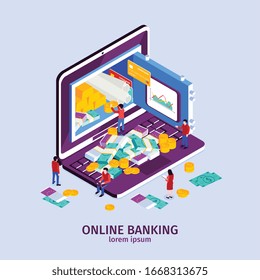 Online-Banking-Konzept mit modernen Technologiesymbolen - Darstellung der isometrischen Vektorillustration