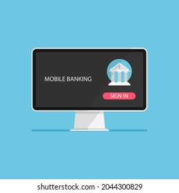 Online banking concept. Money transaction, business and mobile payment. Computer monitor with bank icon on screen. Vector illustration in trendy flat style.