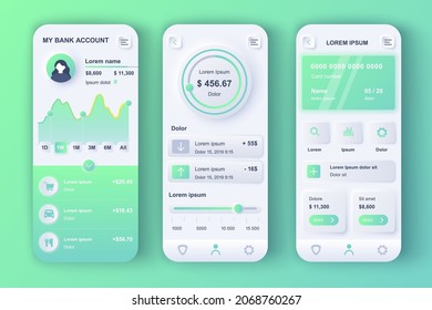 Online banking concept neumorphic templates set. Financial accounting, credit card, payment and bank services. UI, UX, GUI screens for responsive mobile app. Vector design kit in neumorphism style