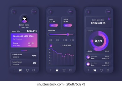 Online Banking Concept Neumorphic Templates Set. Financial Statistics At Personal Account, Bank Transactions. UI, UX, GUI Screens For Responsive Mobile App. Vector Design Kit In Neumorphism Style