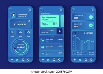 Conjunto de plantillas neumórficas de concepto de banca en línea. Gestión y contabilidad de las finanzas personales, pagos, transacciones. pantallas de interfaz de usuario, UX, GUI para aplicaciones móviles receptivas. Kit de diseño de vectores en estilo neumorfismo