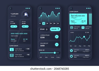 Online banking concept neumorphic templates set. Personal financial account interface with analytics information. UI, UX, GUI screens for responsive mobile app. Vector design kit in neumorphism style