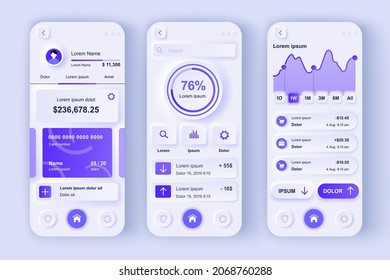 Conjunto de plantillas neumórficas de concepto de banca en línea. Transacciones financieras y contabilidad en la interfaz de smartphone. pantallas de interfaz de usuario, UX, GUI para aplicaciones móviles receptivas. Kit de diseño de vectores en estilo neumorfismo