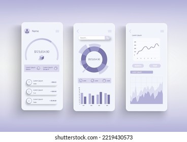 Online banking concept neumorphic templates set. Financial accounting, credit card, payment and bank services. UI, UX, GUI screens for responsive mobile app. Vector design kit in neumorphism style