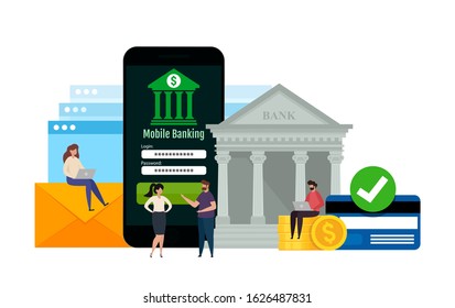 Online banking concept with office people characters doing internet payments, transfers and deposits. Mobile banking and finance management. Vector illustration isolated on white background.