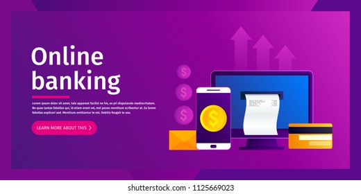 Online banking concept. Online payments on desktop comuter. Bill for payment coming out of the screen. Vector illustration. Flat design. EPS10.