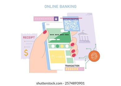 Online banking concept. Secure digital transactions using mobile banking applications. Features QR code scanning, secure password inputs, biometric authentication, and electronic receipts. Vector