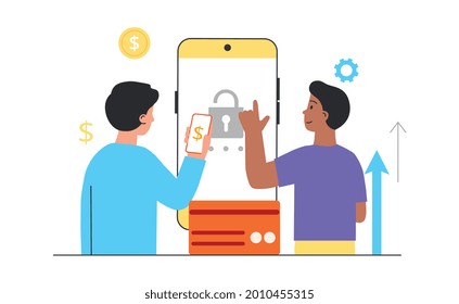Online banking concept. Secure payments and e-wallet. User holding login and password page. Men enter the mobile bank on the phone. Cartoon flat vector illustration isolated on a white background