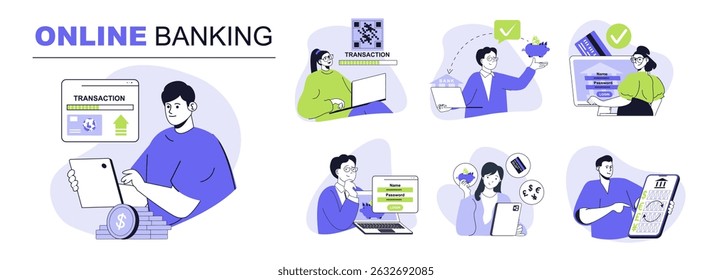 Online banking concept set for web design. Collection with people managing financial accounts, controlling money transactions at credit cards. Flat vector illustration isolated on white background.