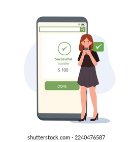 Concepto de banca en línea. transferencia electrónica de dinero exitosa. Mujer usando la aplicación bancaria para transferir su dinero. Ilustración del personaje de la caricatura del vectores plano.