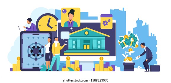 Online banking concept. Trendy cartoon characters making internet transactions and using online mobile banking. Vector illustration receipt transfers and finance savings in financial support bank