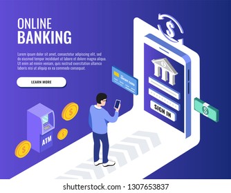 Concepto de banca en línea. Usuario mirando el teléfono. Banner web, infografías. Isométrica ilustración vectorial.