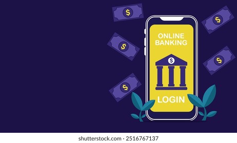 Ilustração de design de banner de vetor conceito de banco on-line com telefone inteligente, moeda de sinal de dólar, facilidade financeira e notas de banco ícones em um fundo horizontal azul