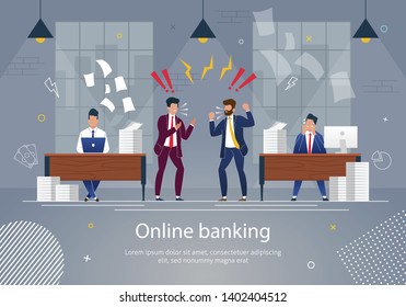 Online Banking Concept Vector Illustration. Angry Collegues Shouting at Office because of Failures. Stressed Cartoon Characters. Office Workers Hurry up with Job. Scared Man at Workplace.