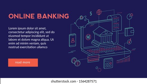 Online Banking Concept  For Website Web Page, Presentation, Banner   . Vector Illustration, Futuristic Design, Isometric 3d, 