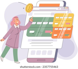 Online banking concept. Woman with bank card and coins near smartphone screen. Online shopping and ecommerce. Currency transfers and transactions on Internet. Banking operations and digital money