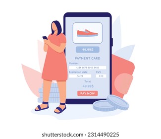 Online banking concept. Young woman makes purchases through mobile application in online store. Entering credit card details for payment. Vector flat illustration in blue and pink colors