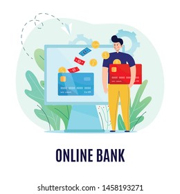 Online banking conceptual composition with text and images of man sending banknotes coins to the screen vector illustration