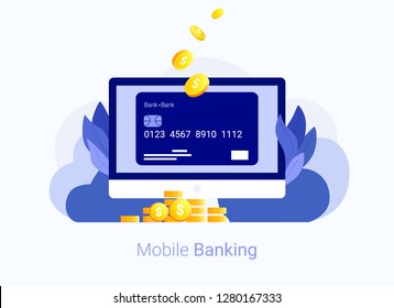Online banking credit card concept. Laptop, credit card and money tranfer. Internet payment system. Online bank transaction. Trendy flat style. Vector illustration