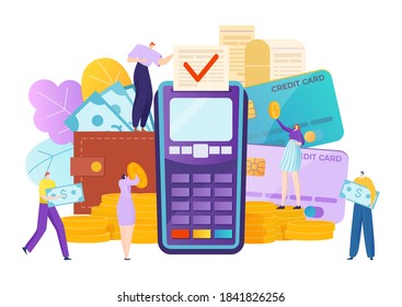 Online banking credit money, transaction payment in bank vector illustration. Pay in finance terminal, electronic commerce transfer service. Success purchase paying, internet shopping sale.