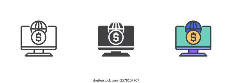 Online banking different style icon set. Line, glyph and filled outline colorful version, outline and filled vector sign. Computer screen with dollar symbol, logo illustration. Vector graphics