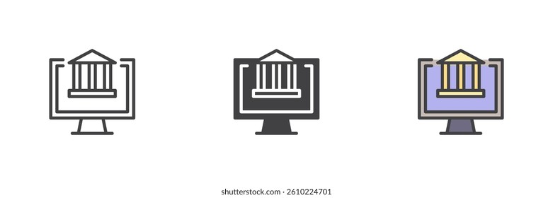 Online Banking different style icon set. Line, glyph and filled outline colorful version, outline and filled vector sign. Computer monitor with bank building symbol, logo illustration. Vector graphics