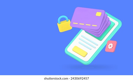 Online banking e money safety transaction smartphone app banner copy space 3d icon realistic vector illustration. Internet financial service account mobile phone application with credit debit card