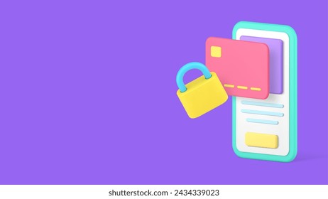 Online banking e money safety smartphone application banner copy space 3d icon realistic vector illustration. Digital wallet with credit debit card electronic currency protection mobile phone app