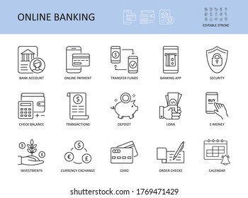 Online banking. Editable stroke vector icons. Bank account emoney transfer funds online payment. List of recent transaction security loan deposit check balance banking app. Management investment card