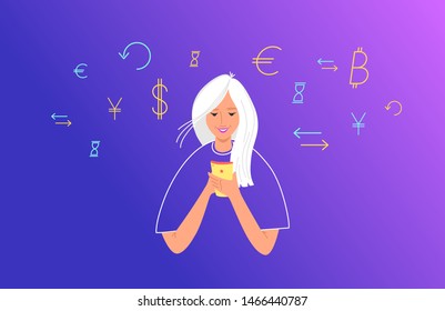 Online banking and electonic wallets concept flat vector illustration. Teenage girl using mobile smartphone for financial accounting. Young woman with symbols of dollar, euro and exchange around her