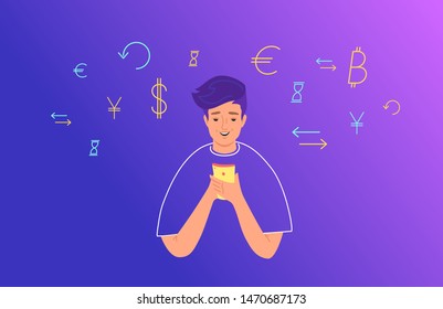 Online banking and electonic wallets concept flat vector illustration. Teenage boy using mobile smartphone for financial accounting. Young woman with symbols of dollar, euro and exchange around her