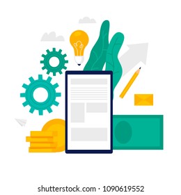 Online banking, electronic payments, money, coins. Flat illustration isolated on white background.