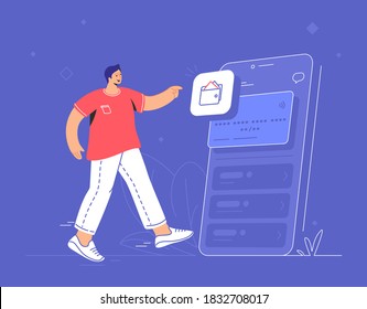 Online banking, ewallet and credit card. Flat vector illustration of smiling man standing near a smartphone with electronic credit card and pionting to wallet mobile app for accounting and investments