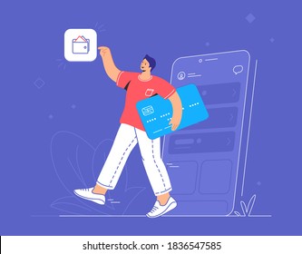 Banca en línea, ewallet y tarjeta de crédito. Ilustración vectorial plana de un hombre sonriente saliendo de un smartphone con tarjeta de crédito azul y apuntando a una aplicación móvil de cartera para contabilidad e inversiones