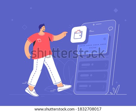 Online banking, ewallet and credit card. Flat vector illustration of smiling man standing near a smartphone with electronic credit card and pionting to wallet mobile app for accounting and investments