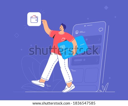 Online banking, ewallet and credit card. Flat vector illustration of smiling man going out of a smartphone with blue credit card and pionting to wallet mobile app for accounting and investments