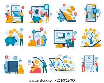 Online banking, fast transaction and get income. Vector banking internet, business financial investment illustration