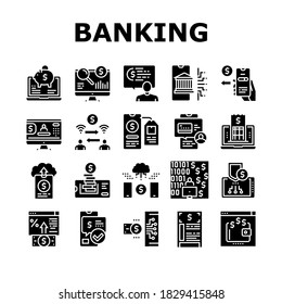 Online Banking Finance Collection Icons Set Vector. Online Banking Payment And Bank Account, Electronic Money And Wallet, Purchase Report Discharge Concept Linear Pictograms. Contour Illustrations