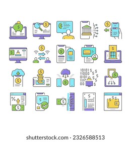 Online Banking Finance Collection Icons Set Vector. Online Banking Payment And Bank Account, Electronic Money And Wallet, Purchase Report Discharge Concept Linear Pictograms. Contour Illustrations