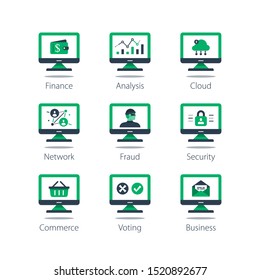 Online banking and finance, data analysis and report, cloud computing solution, network server, internet security and fraud protection, shopping basket on computer monitor, voting and testing icon set