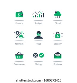 Online banking and finance, data analysis and report, cloud computing solution, internet security and fraud protection, system insecurity or vulnerability testing testing, icon set