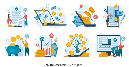 Online banking. Finance management using phone or laptop. Internet payment, money transaction, finance growth, bank deposit concept vector set. Saving and investing cash, credit card usage - Shutterstock ID 1971900692