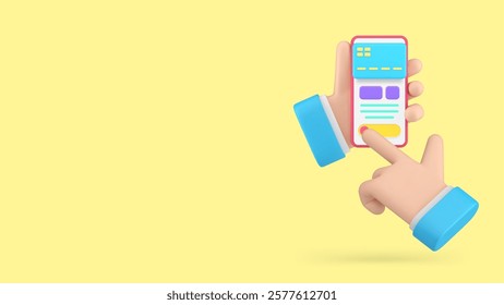 Online banking financial payment smartphone application banner copy space vector illustration. Internet bank personal account transaction with business man hands use mobile phone app