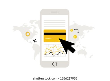 Online banking. Financial service.  Modern flat concept for web design. Vector illustration with smartphone, credit card and world map. Money. Banking app. 
