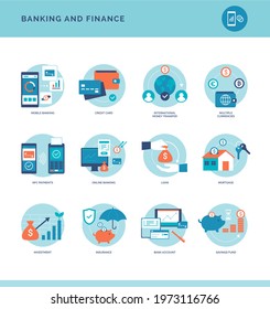 Online banking and financial services icons set: bank account, payments, funds, investments and loans