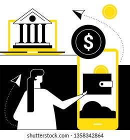 Online banking - flat design style vector illustration. Black, yellow and white composition with a woman using a smartphone, mobile app to make financial operations, images of laptop, building, wallet