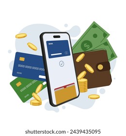 Online banking. Flat design vector illustration. Icons for online payment gateway, mobile payments, electronic funds transfers and bank wire transfer. POS and NFC payment technology concept.