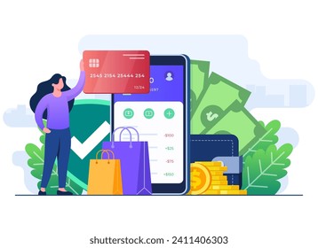 Online banking flat illustration concept, Virtual storage and transfer of funds, Banking application, Secure payment, Mobile banking, E-wallet, Digital payment, Online transaction