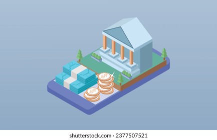 Concepto de vector isométrico plano de banca en línea.Terminal bancario.sobre fondo azul.Diseño 3D.diseño vectorial isométrico Ilustración.