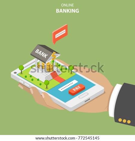 Online banking flat isometric vector concept. Hand is holding a smartphone with a bank building on it. The user is performing a secure payment by entering a security code.
